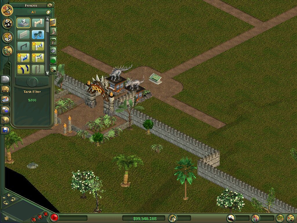 The construction panel open over a grassy zoo with a fence and an exhibit gate.